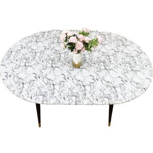 LIBERECOO Oval Tablecloth Vinyl Fitted Elastic Edge with Flannel Backing - Fits 48 x 68 Inch Oval Table - White Marble Pattern - Waterproof Wipeable Table Cover