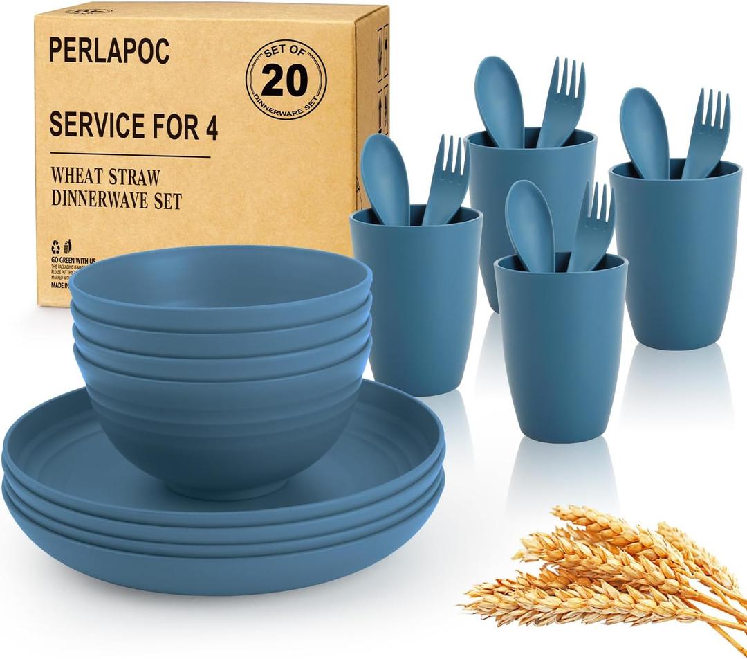Wheat Straw Dinnerware Sets for 4, Reusable Plastic Dinner Plates, Unbreakable Kids Plates and Bowls Sets 20 PCS, Dishwasher & Microwave Safe Kitchen Camping Dorm Dish Sets- Blue