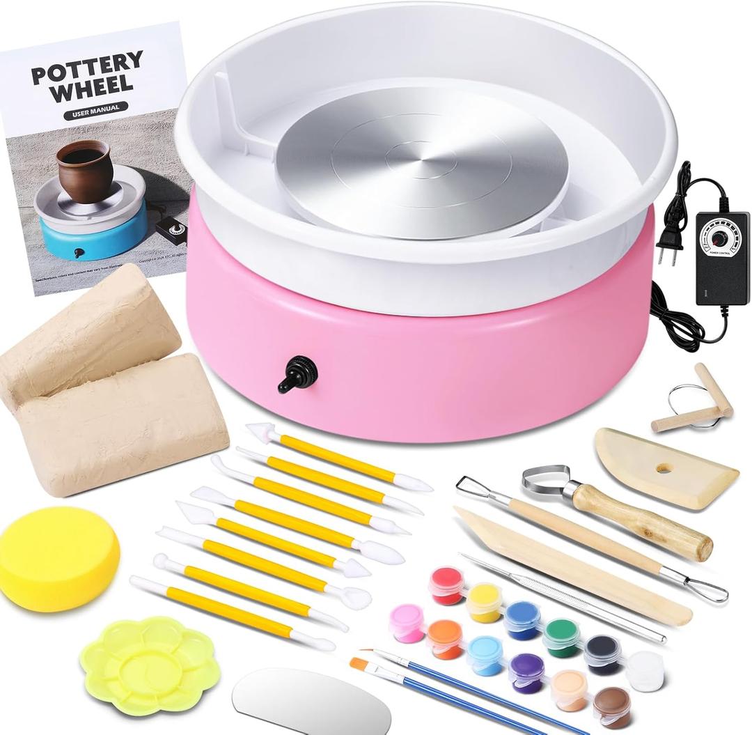 Goody King Mini Pottery Wheel-9.4Pottery Wheel for Adults Beginners Kids, Upgraded Movable Turntable with Adjustable Speed with 16 Pottery Shaping Tools, Supports Forward and Reverse Rotation-Pink
