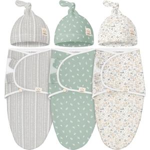 KeaBabies 3-Pack Organic Swaddles for Newborns Girls, Boys with Hats - Soft Cotton Baby Sleep Sacks 0-3 Months, Breathable Baby Hats and Swaddles 0-3 Months, Newborn Essentials Must Haves (Prairie)