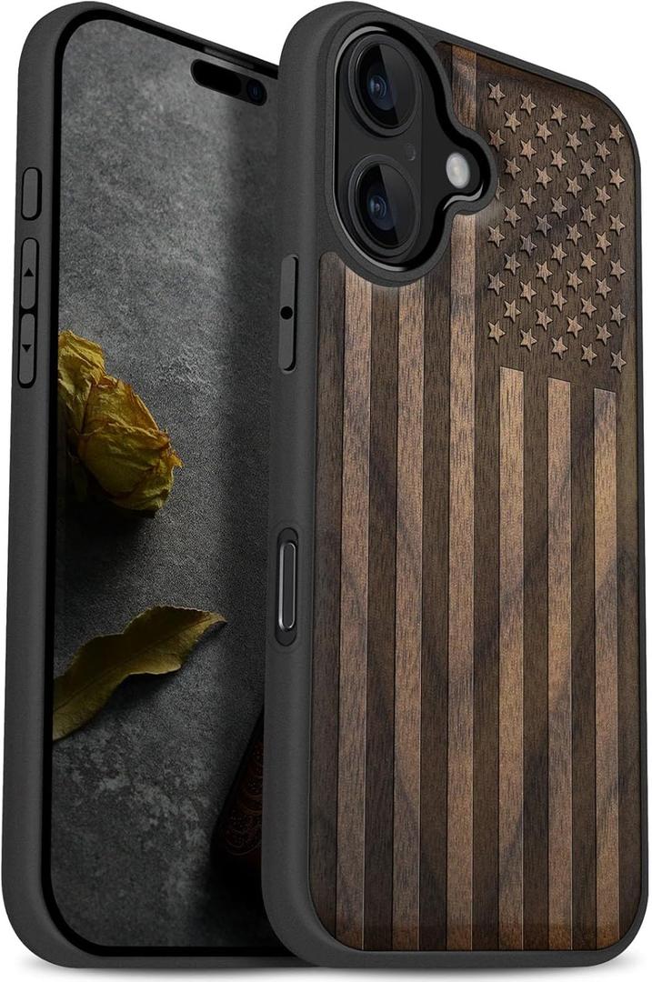 Carveit Magnetic Wooden Case for iPhone 17 Case, Wood Artisan Engraved & Black Soft TPU Shockproof Cover, Compatible with MagSafe Wireless Chargers (The Classic American Flag) Walnut