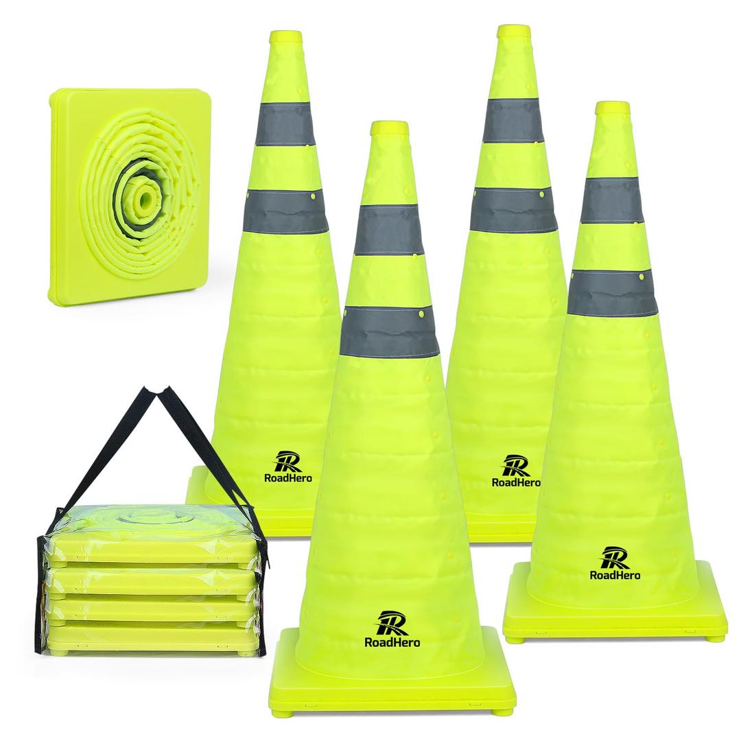 RoadHero 28 Inch 4 Pack Collapsible Traffic Safety Cones, Lime Green Pop-up Cones with Reflective Collar for Road Safety, Driving Training, Parking Lots