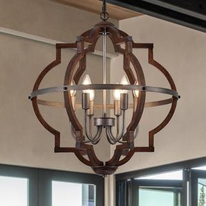 23'' 6-Light Wood Farmhouse Chandelier for Dining Room Vintage Rustic Oak Brown Pendant Light Fixtures Globe Hanging Ceiling Lighting for Hallway Entryway Foyer Kitchen Living Room Bedroom (Ord Red Brown)