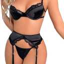 Women's Sexy Lingeries Exotic Set Contrast Floral Lace Garter Lingerie Sets 4 Piece (Black,S)