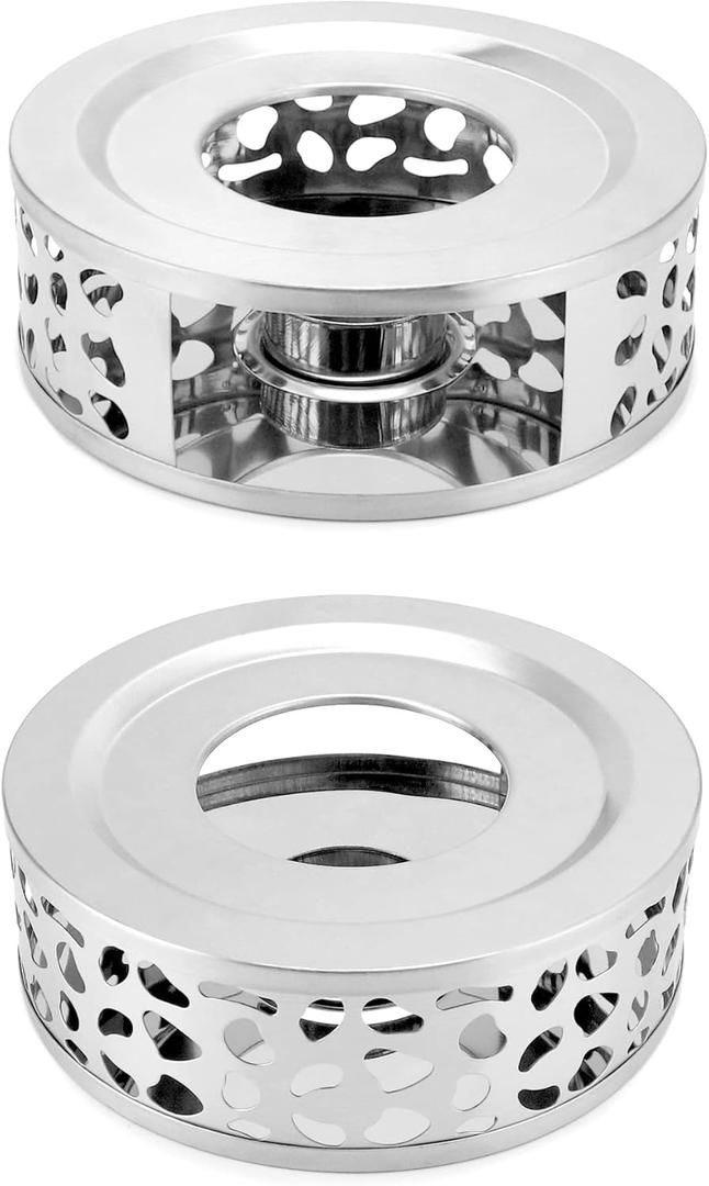 QWORK Tea Kettle Warmer, 2 Pack Brushed Stainless Steel Tea Kettle, Hollow Frame, with Tea Candle Holder, Fits Most Teapots, Silver