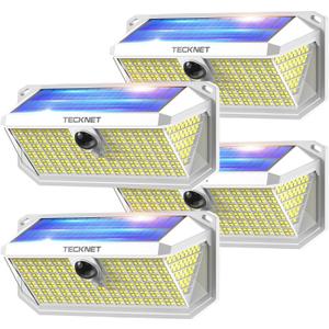 TECKNET 416 LED Solar Powered Outdoor Lights, 300 Angle & 3 Lighting Modes Motion Sensor Light Outdoor, Security Solar Lights Waterproof - 4 Pack, White, Cold Light
