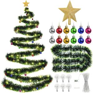 Christmas Tree Wall Light Decoration DIY Wall Hanging 33 ft Garland Xmas Glitter Ball Ornaments Christmas Star Tree Topper for Xmas Outdoor Indoor Home Decor(Dark Green)
