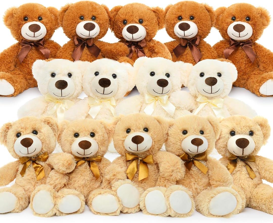 MorisMos 14 Piece Teddy Bears Bulk Baby Shower,14 Inch Cute Teddy Bear Stuffed Animals Plush, Small Stuffed Bears, Centerpiece Decoration, Brown, White, Dark Brown (14 Pcs Elegant)