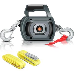 Portable Drill Winch of 1500 LB, Grey Handheld Drill Winch with 40 Foot Synthetic Rope, Rotate The Hook 360 Degrees, for Lifting & Dragging (Down Strap with D Rings)