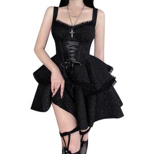 TSMNZMU Womens Pleated Halter Mini Dress Gothic High Waist A-Line Dresses Double Layer Laced Cross Fairy Dress Bandage, Medium