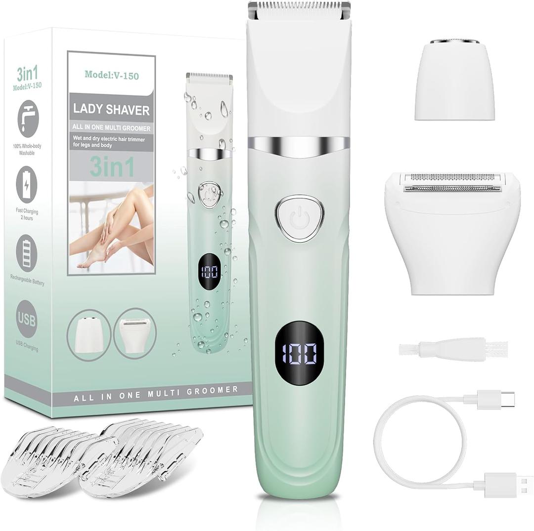 RUIBO Bikini Trimmer for Women, 3-in-1 Painless Electric Razors for Silk Skin, Wet/Dry Body Hair Shaver for Face Nose Eyebrow Arms Armpit Legs Pubic Area, IPX7 Waterproof, Ceramic Blade