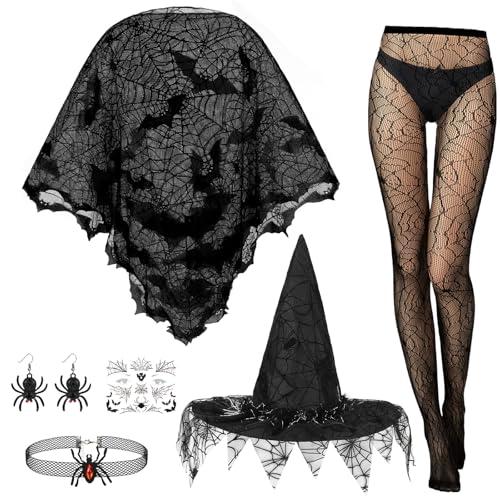 BOARDFEB 1 Pcs Black Spiderweb Costume Accessories, Women Spider Web Poncho Spider Web Stockings Necklace Earrings Witch Hat Halloween Costume for Women