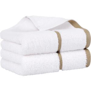 PiccoCasa Set of 2, 750 GSM Luxury White Hand Towels - Oversized 16x30 Inch Cotton Ring Spun Face Towels Highly Absorbent Home Hotel Spa Quality Towel, Champagne Strip