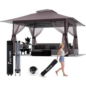 13x13 Outdoor Patio Gazebo with Mosquito Nettings - Double Roof Pop Up Canopy Tent with Wheeled Carry Bag, for Backyard Deck Lawns Garden (Brown, 13X13)