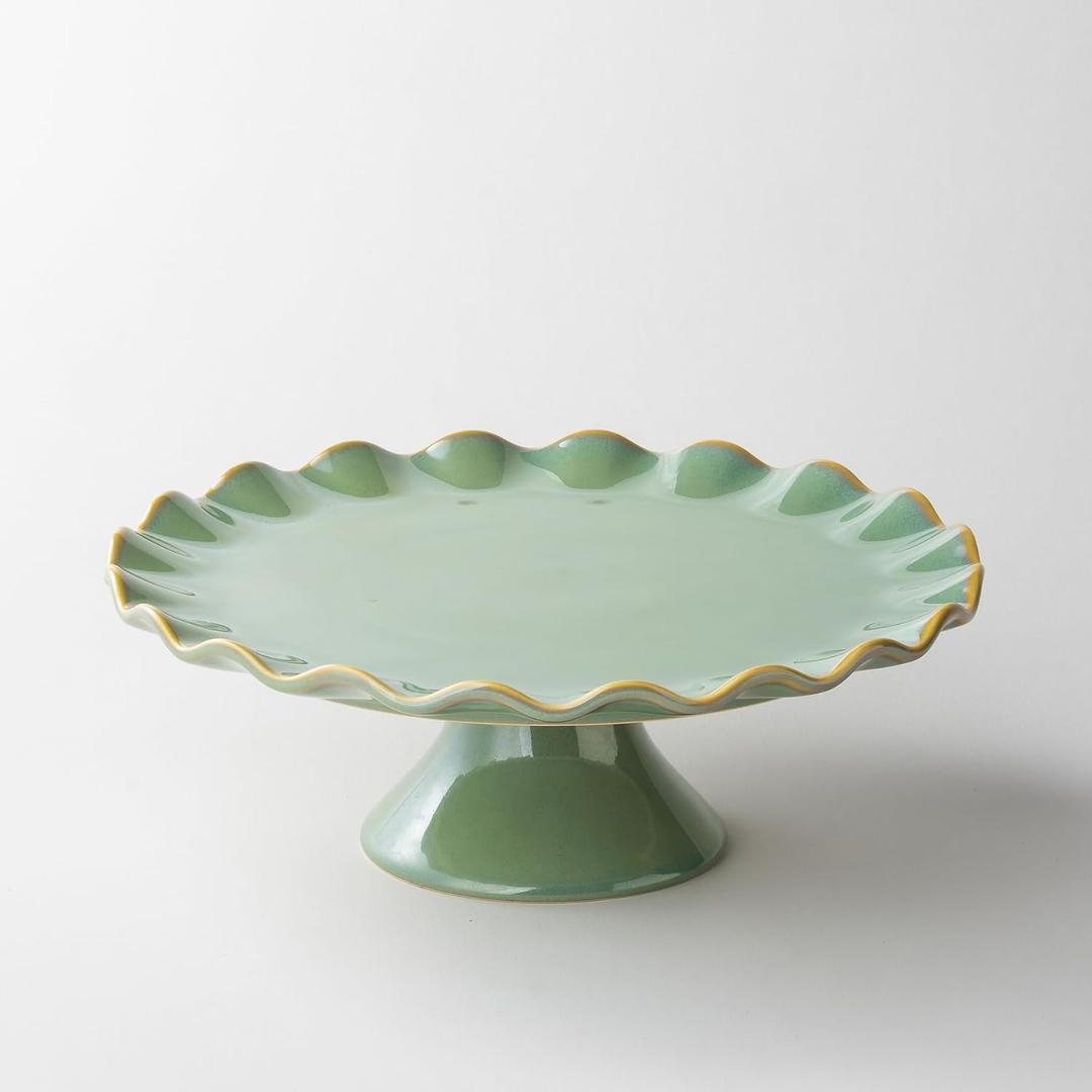 Cake Stand Ceramic, Small Cake Stand for 8 Inch Cake, Vintage Dessert Stand with Ruffle Trim for Mother's Day, Decorative Pedestal Cake Plate Cupcake Stand for Tea Party, Teal