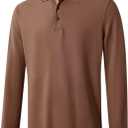 Men's Pique Polo Shirts Long Sleeve Cotton Blend Tipped Casual Collared Polo Shirts Business Classic Fit (Brown, M)