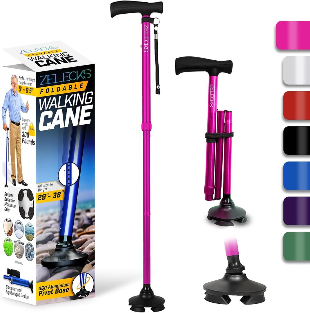 Walking Cane for Women & Men - Self Standing Adjustable Folding Cane with T Handle and 360 Pivot Base - Lightweight Foldable Walking Stick for Seniors - Collapsible Cane for Walking