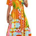 Women's Floral Boho Midi Dress V-Neck Short Sleeve Summer Casual Button-Up Flowy Dresses 2025 Beach Vacation Outfits M