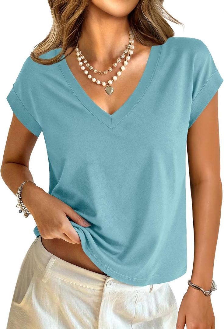 GKBK Womens Cotton Tops Cap Short Sleeve Crop V Neck T Shirts Boxy Casual Basic Spring Summer Tee (Blue, M)