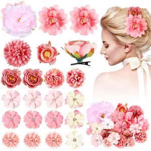 BBTO 21 Pcs Flower Hair Clip Rose Hair Clips Barrettes for Women Flower Accessories Boho Bride Claw Clip Hairpin Brooch Pin Headpiece for Wedding(Light Pink)