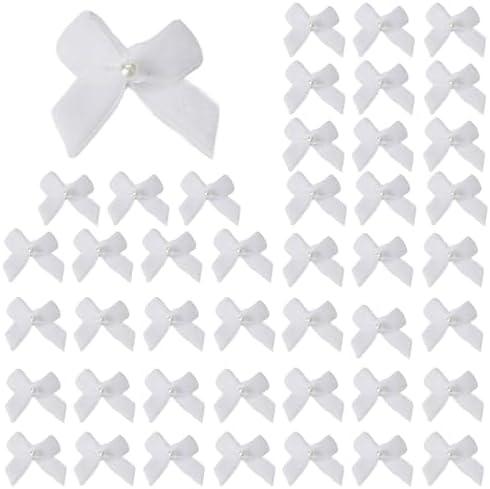 Meseey 60pcs Mini Velevt Ribbon Bows 1 Inch with Pearl Ribbon Flowers Appliques DIY Craft for Sewing, Scrapbooking, Wedding, Gift,Christmas Decoration(White), Pack of 2