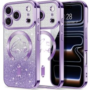 Hython for iPhone 17 Pro Case Glitter, Compatible with MagSafe Love Heart Magnetic Clear Phone Cases for Women Girls, Full Camera Protection Sparkle Plating Shockproof Protective Cover, Deep Purple