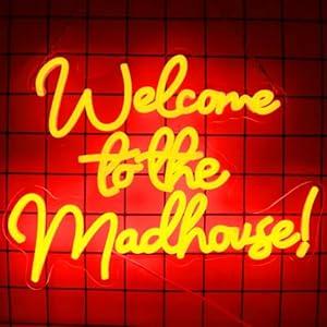 Tiabuy Welcome to the Mad House Neon Sign for Wall Art Decor, Alice In Wonderland Decoration Red LED Lights for Dimmable LED Lights for Bedroom Man Cave Party Bar Background Decoration Birthday Gifts