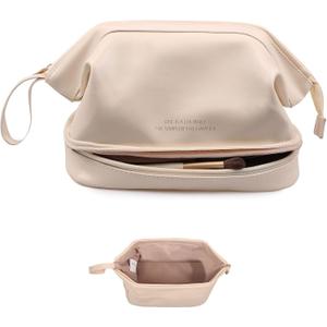 Abiudeng Large Capacity Makeup Bag Ladies Cosmetic Bag Travel Bag with Compartments Portable PU Leather Travel Makeup Bag with Handle (White)