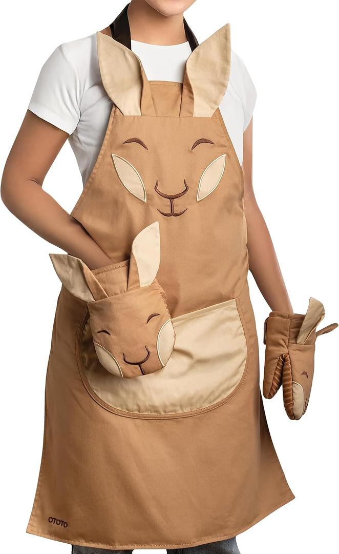 OTOTO Aproo Kitchen Set – Oven Mitts and Chef Apron with Pockets, Cute Cooking Accessories, Funny Kitchen Gift, Kangaroo (Brown Aproo Set), One Size