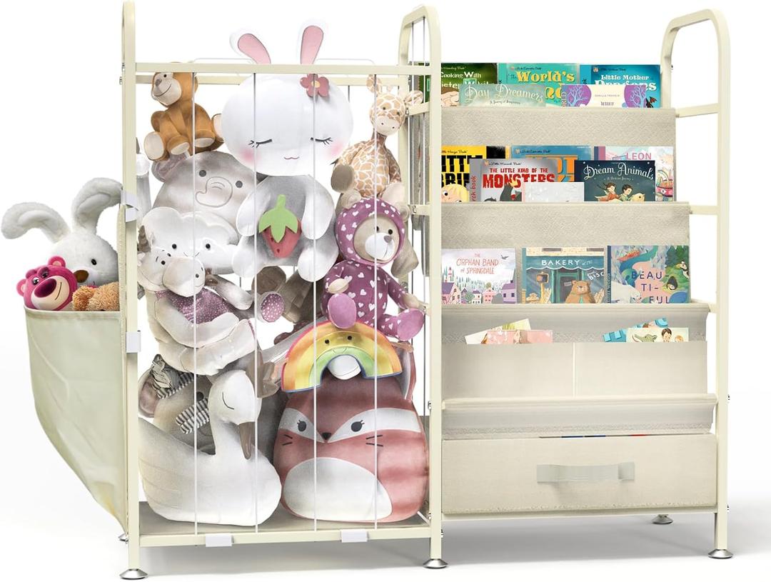 Toy Storage with Kids Bookshelf, Large Stuffed Animal Storage Toy Organizer with Pocket, 3-Tier Book Shelf for Rooms, Nursery, Playroom, Bedroom, White