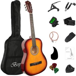 38in Beginner Acoustic Guitar Basic Starter Kit Tuner Bag Capo Strings Winders Strap Picks Student Kids Guitar Pickguard with Gig Bag Sunburst