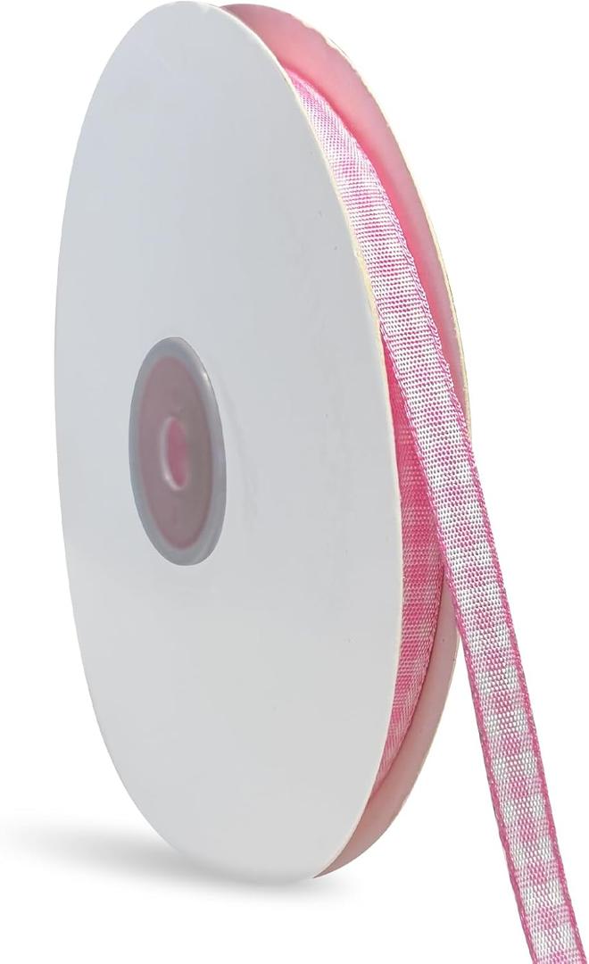 1 Rolls Gingham Ribbon, 1/4 Inch x 50 Yard Plaid Ribbon 100% Polyester Woven Edge Picnic Craft Ribbon for Crafts, Gift Wrapping, Party Decoration (Pink and White)
