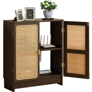 Jueraori WiFi Router Storage Cabinet, Bamboo Router Cabinet with Adjustable Shelves, Multimedia Audio Rack with Doors, 2 Layer Standing Cabinets for Home and Office