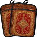 Boho Vintage Oriental Floral Pot Holders 2 Pack Set, Red and Gold Antique Rustic Flower Heat Resistant Oven Hot Pads for Kitchen Countertop Baking066 Potholder