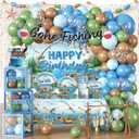 268pcs Fishing Birthday Party Decorations Complete Party Set, for 25 Guests, Fishing Birthday Decorations, includes Fish Themed Balloons, Plates, Banner, Backdrop, Tablecloths, etc