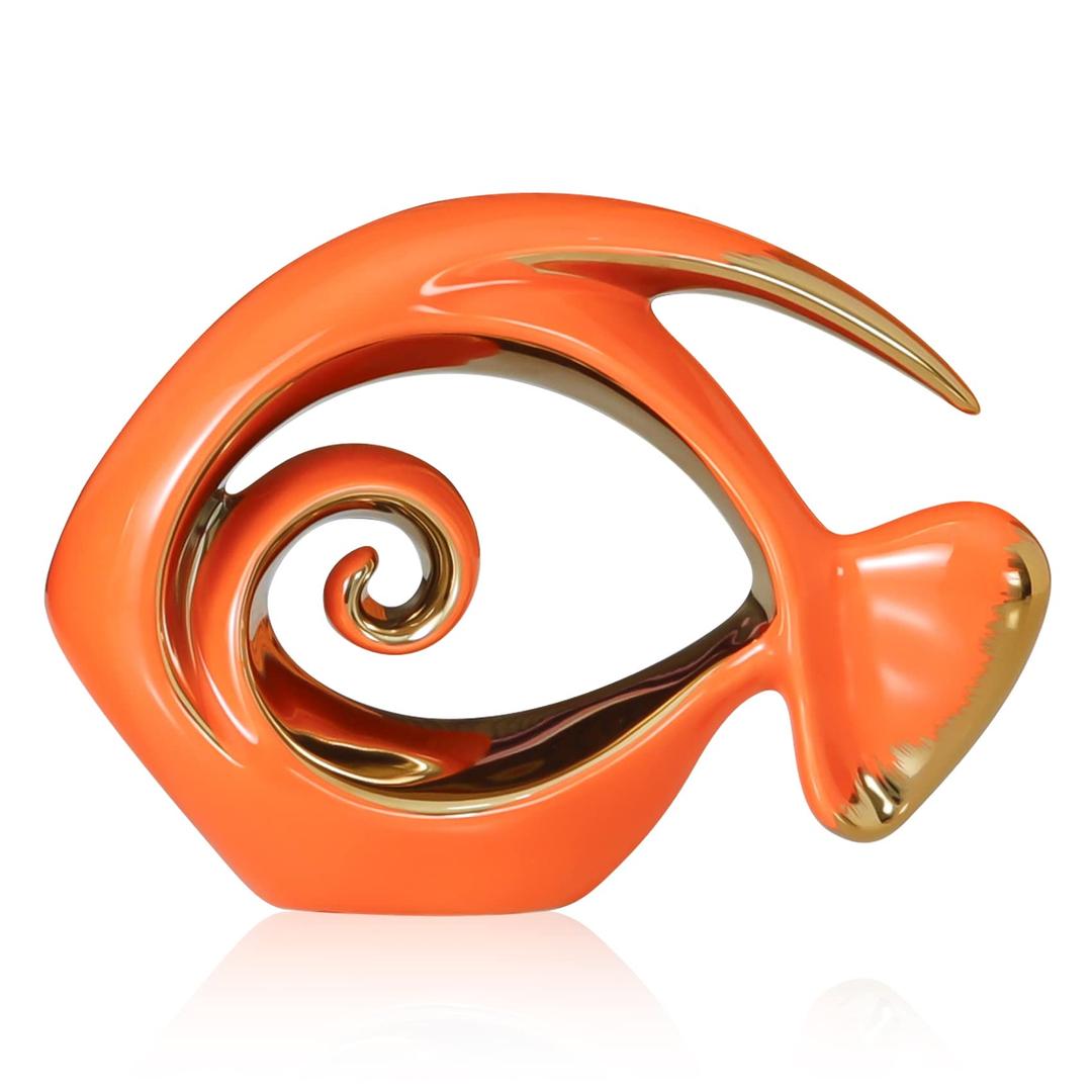 Orange Gold Ceramic Fish Figurines - Coastal Home Decor, Modern Ocean Centerpieces for Living Room, Dining Area, Bathroom, Office, Coffee Table, Beach House, Nautical, Seaside, Entrance, Shelf Display