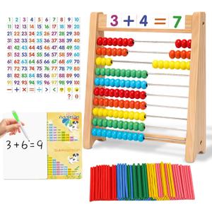 Wooden Abacus for Kids Math - 10-Row Counting Toy with 100 Beads, Number Cards & Counting Sticks, Educational Counters for Kids Math Gift for Age 3 4 5 6 7 Year Old Boy Girl