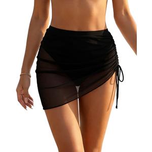 Leoparts Womens Mesh Swim Skirt High Waist Tummy Control Swim Bottom Ruched Drawstring Bathing Suit with Built-in Brief