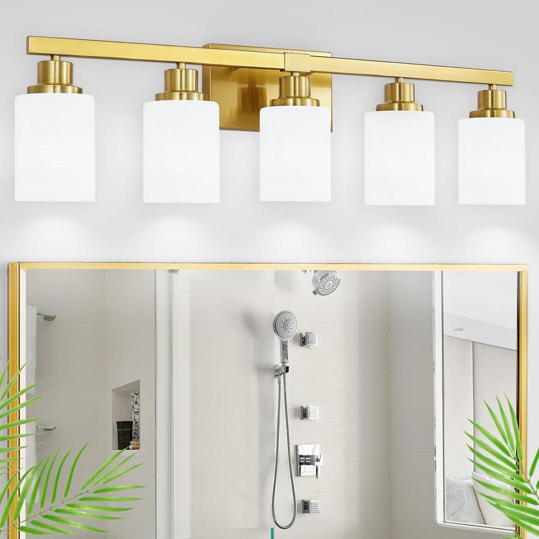 Gold Bathroom Light Fixtures, 5-Light Modern Brushed Gold Vanity Lighting Fixtures for Bathroom Over Mirror, 30" Gold Sconces Wall Lighting for Bedroom Hallway Living Room