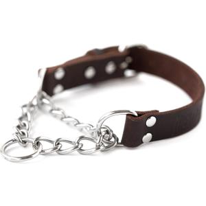 Mighty Paw Martingale Dog Collar - No Pull Design - Stainless Steel Chain - Limited Chain Cinch Training - Brown Leather Martingale Training Collar - Small Size