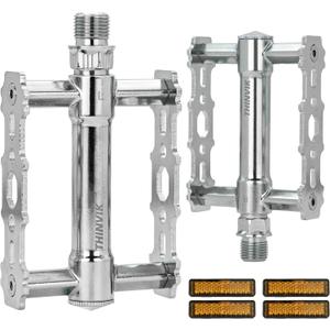 Thinvik Bike Pedals of 9/16 Inch - Retro Silver Bicycle Flat Pedals with Reflectors - Lightweight Aluminum Alloy Platform Pedals with 2DU Sealed Bearings for Mountain, BMX, and Road Bikes