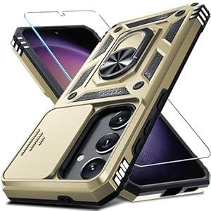 Janmitta Compatible with Samsung Galaxy S24 FE Case Built in Slide Camera Lens Cover+Screen Protector+Finger Ring Holder Kickstand, Heavy Duty Shockproof Full Body Phone Cover, 2024 Gold