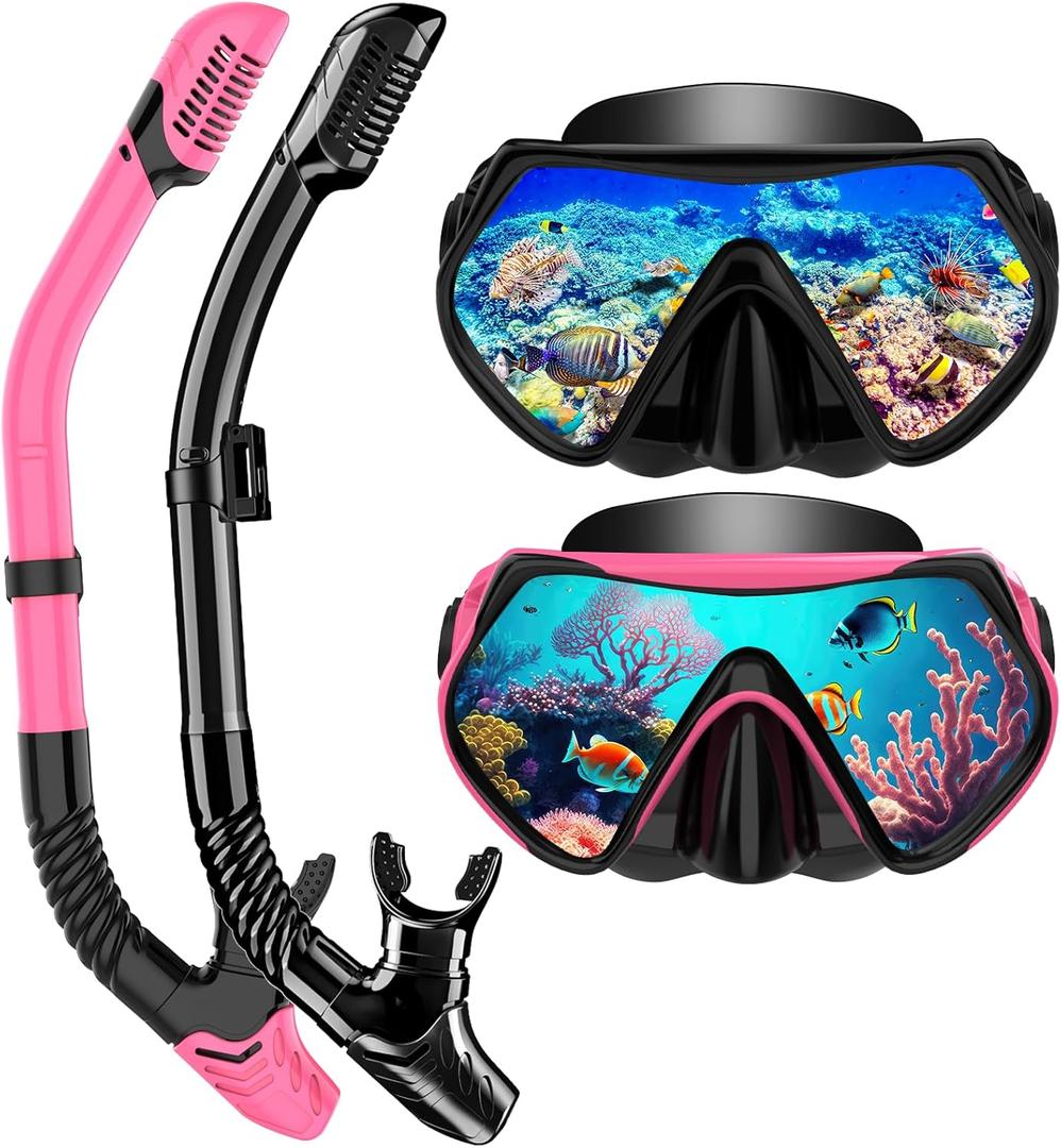 Snorkeling Gear for Adults, Snorkel Set Scuba Diving mask Dry-Top, Adult Swimming Goggles with Nose Cover, HD Tempered Glass Panoramic Anti-Leak Anti-Fog (Black+Pink)