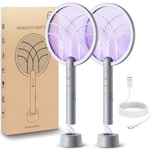Electric Fly Swatter Racket, Mosiller 2 in 1 Smart Bug Zapper & Power Take Off Generators with USB Rechargeable Base, Powerful Mosquitoes Trap Lamp & Fly Killer for Home, Bedroom (Light Grey, Pack of 2)
