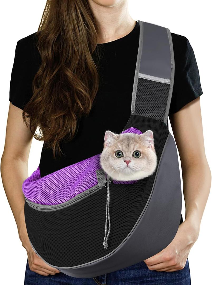 Pawaboo Dog Sling Carrier, Hand Free Breathable Mesh Bag for Puppy Cat, Drawstring Dog Papoose with Adjustable Strap and Pocket, Crossbody Satchel Dogs Purse for Outdoor Travel, S, Deep Purple