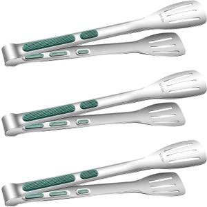 Stainless Steel Kitchen Tong Set - Anti-Slip Heat-Resistant Grip, Widened 3-Line Slotted Heads for Easy Clamping (Steaks, BBQ, Pasta, Salads), Easy Clean for Versatile Use Set of 3-11", Green, Pack Of 3