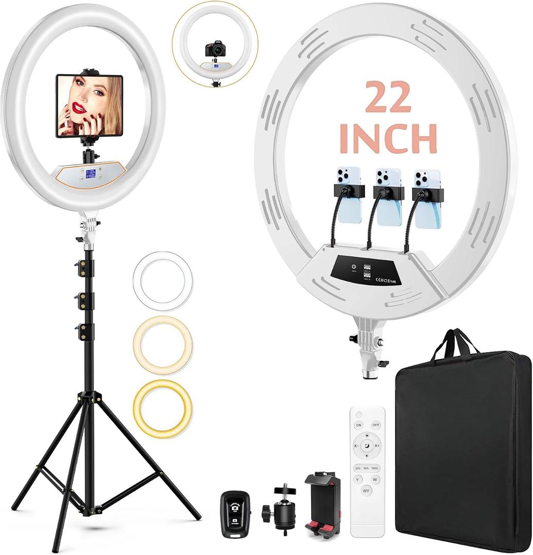 22"Ring Light with Stand,Ring Light Tripod for iPhone ipad,with 75"Tripod/LCD Display/4 ipad iPhone Clips/2 USB Ports,2600K-6500K Color Temperature,for Barber Makeup Tattoo TikTok Video Recording Vlog