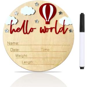 Baby Announcement Sign, 5.9 Inch Wooden Hello World Newborn Signs, Birth Announcement Sign and Pen, Hot Air Balloon and White Cloud Decoration, Welcome Newborn Arrival to World (Red)