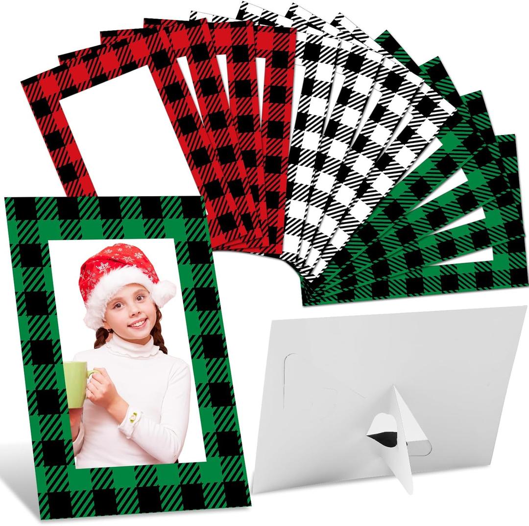 Lonfliness 150PCS Christmas Picture Frame Xmas Plaid Paper Photo Frames Christmas Bufflo Plaid Cardboard Frames with Stand Red Green Black DIY Photo Crafts Frame Ornament for Christmas Holiday Decor