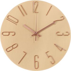 Wall Clock 12 Inch Silent Non-Ticking Imitation Wood Indoor Clock Round Beige Decor Clock Modern 3D Figures Quartz Wall Clocks for Home, Hotel, Office, School